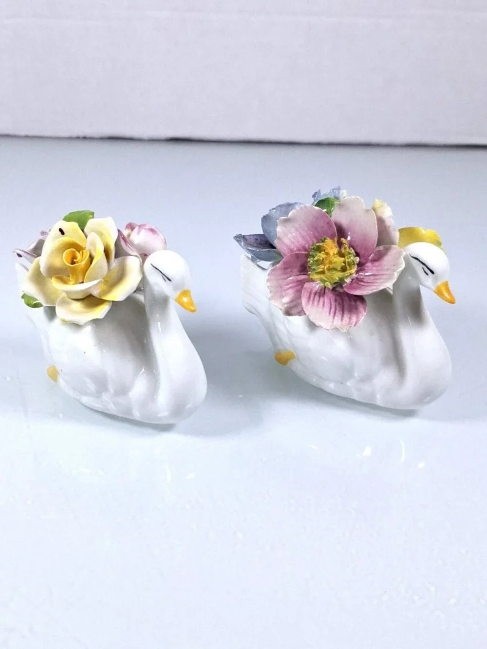Vintage Jon Anton Fine Bone China Swan Figurines With Floral Bouquets